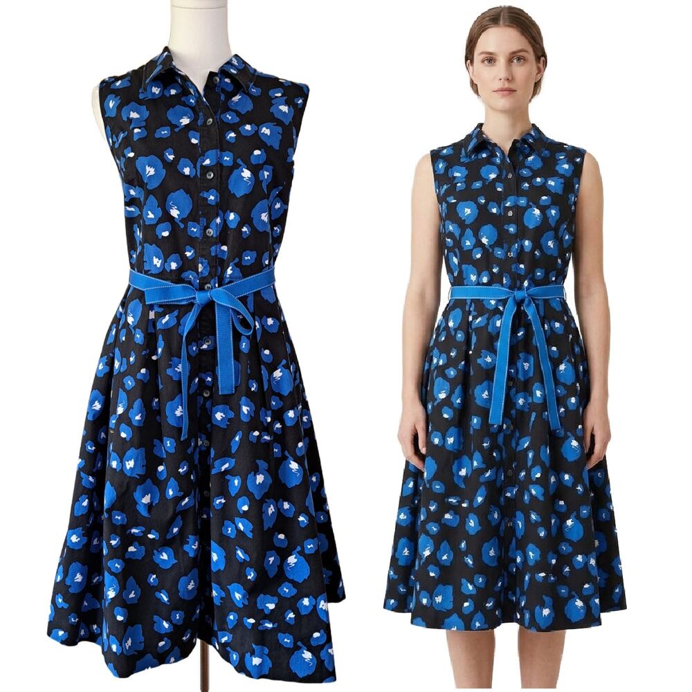 OSCAR de la RENTA Floral Shirt Dress Size 16 Blue Black Sleeveless Belted Midi